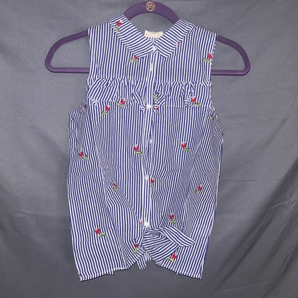 Hayden Girls Blue White‎ Striped Rose Embroidered Tie Front Ruffle Top Size 9/10